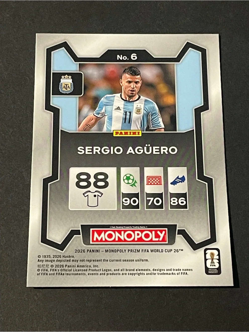 2026 Panini Prizm Monopoly FIFA World Cup Argentina Sergio Agüero #6 Base Card
